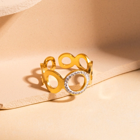 Anello Regolabile Di Moda Acciaio Inossidabile Placcato Oro Stella Cava Cuore Geometrico Intarsiato Di Strass Design Donna