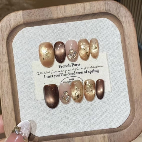 Press On Nails Cat Eye Brown Smudge Glitter Heart Rhinestone Gold Foil ABS Short Oval French Vintage Manicure For Women