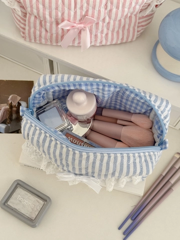 Gesteppte Baumwolle Kosmetiktasche Gestreift Mit Spitze Und Schleife Süße Reise Make-up Aufbewahrungstasche Für Damen