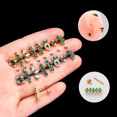 Stainless Steel Cartilage Stud Earrings Green Crown Zircon Copper Screw Ball Back Fashion Piercing Jewelry For Women