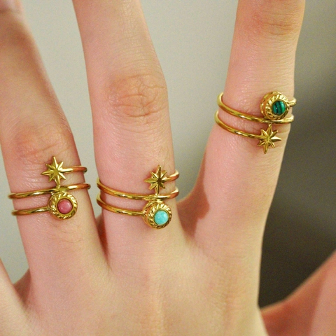 Vintage Stainless Steel Open Ring Eight Pointed Star Natural Stone Malachite Tiger Eye Adjustable Geometric Jewelry Ring