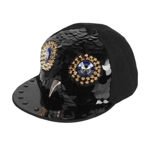 Cappello Da Baseball In Cotone Stile Punk Con Paillettes Strass Motivo Gufo Borchie Tesa Piatta Hip Hop Snapback