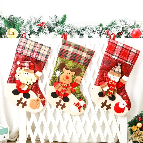 Large Christmas Stocking Gift Bag With Santa Claus Snowman Reindeer 3D Doll Plaid Design For Home Holiday Party Decor