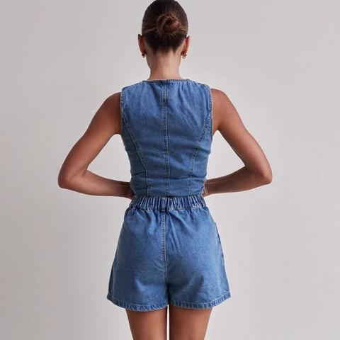 Completo Pantaloncini Di Denim Da Donna Gilet Senza Maniche Pantaloncini A Vita Alta Moda Estiva Streetwear