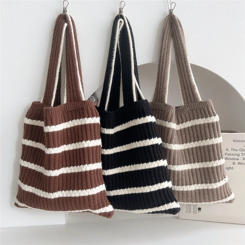 Striped Knitted Shoulder Bag Women Large Capacity Polyester Crochet Tote Shopping Handbag Niche Style Minimalist