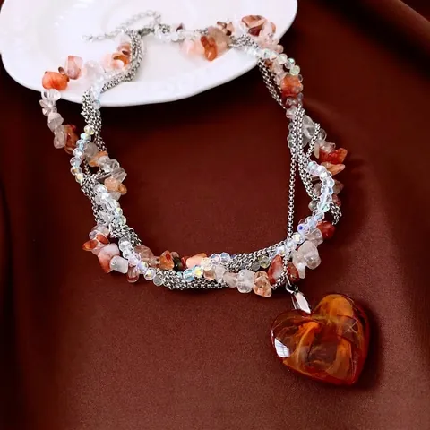 Heart Necklace Multi Layer Beaded Copper Glass Natural Stone Bohemian Vintage Jewelry Accessory For Women