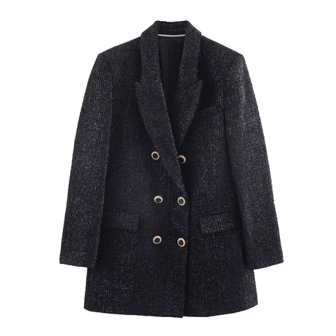 Damen Tweed Blazer Jacke Überlappende Vorderseite Metallic Faden Langarm Elegant Lässig Oberbekleidung Goldknöpfen