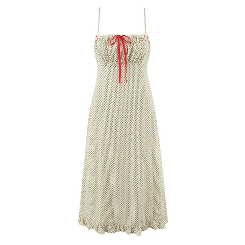 Damen Baumwolle Midi Slipkleid Mit Blumenmuster Schleife Rüschensaum Süßes Cottagecore Kleid Hoch Tailliert
