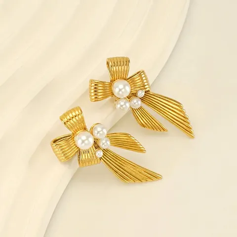 Orecchini A Perno Con Fiocco Vintage Acciaio Inossidabile Placcato Oro Con Nastro Di Künstliche Perle Elegante Accessorio Moda Donna