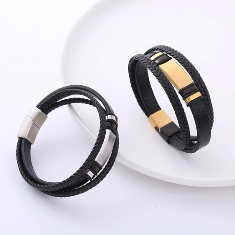 Bracciale Da Uomo In Pelle Intrecciata Con Chiusura Magnetica In Acciaio Inossidabile Gioielli Di Moda Multistrato