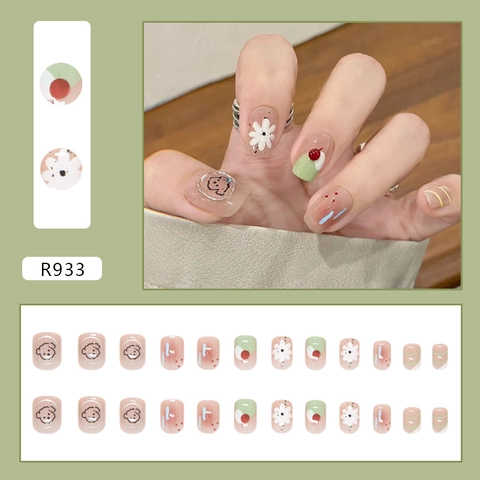 Press On Nails Kurz Quadratisch Rund ABS Material Cartoon Hund Blume Kirsche Print Süßer Stil Für Damen