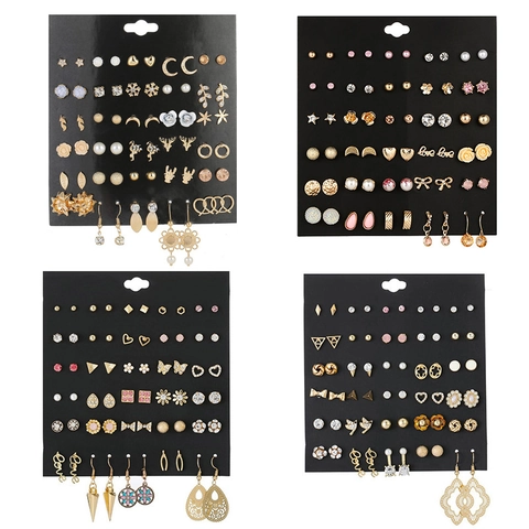 Fashion Flower Heart Star Moon Stud Earrings With Rhinestone And Faux Artificial Pearl Alloy Jewelry For Women