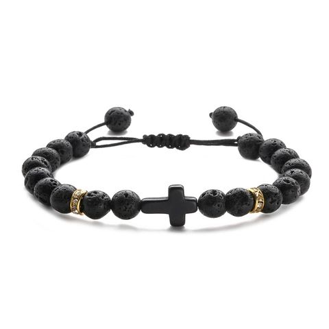 Natural Stone Beaded Bracelet With Cross Charm Adjustable Braided Rope Lava Rock Rose Quartz Jewelry For Men Women