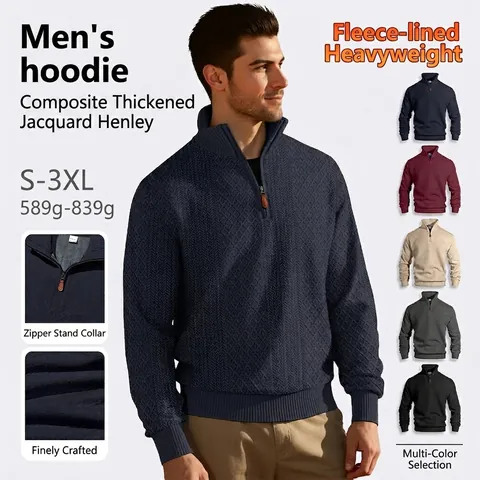 Felpa Uomo Colletto Rialzato E Zip A Un Quarto Motivo Jacquard A Quadri E Fodera In Pile Spessa Pullover Urbano Casual