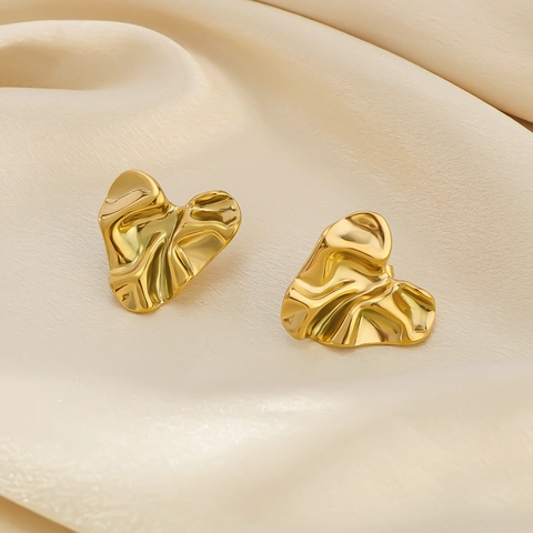 Heart Stud Earrings Wrinkled Texture Stainless Steel 18K Gold Plated Ins Style Personalized Jewelry For Women