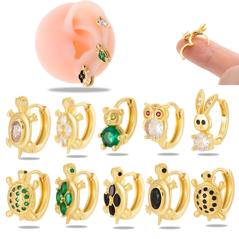 Orecchini Piercing Cartilagine Animale Huggie Hoop Rame Placcato Oro Zircone Tartaruga Gufo Coniglio Gioielli Donna