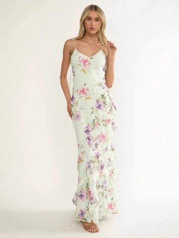 Blumenmuster Chiffon Maxikleid Volant Saum Spaghettiträger Rückenfrei Bodycon Bodenlang Elegant Sommer Urlaub Für Damen