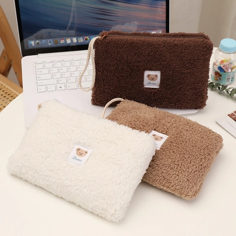 Plush Pencil Case Makeup Bag Large Capacity Checkerboard Design Portable Zipper Pouch Cute Cartoon Bear For Students And Travel