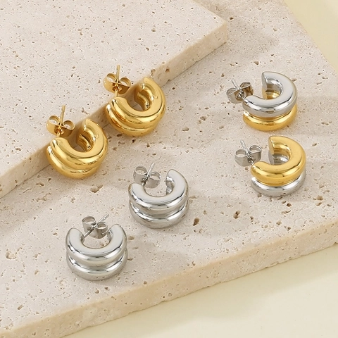 Pendientes De Aro En Forma De C De Acero Inoxidable Para Mujer Color Contrastado Oro Plata Capas Minimalista