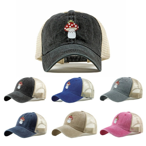 Ponytail Mesh Trucker Hat Gewaschene Baumwolle Vintage Pilz Frosch Stickerei Sonnenschutz Atmungsaktiv Damen Herren