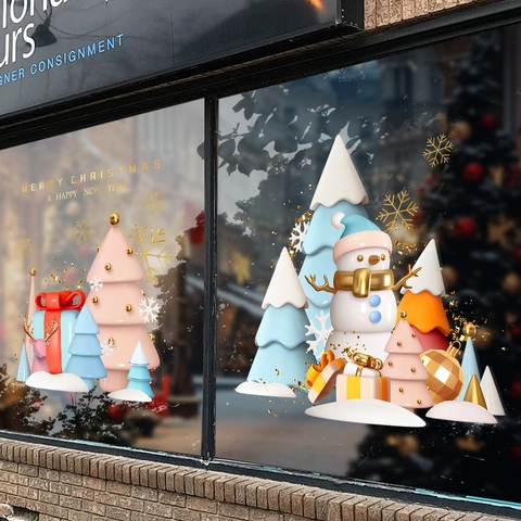 Christmas Window Clings Static PVC Snowman Tree 3D Visual Decorative Glass Decals Holiday Shop Decor
