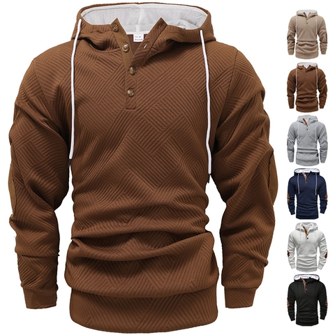 Felpa Con Cappuccio Uomo Poliestere Jacquard Texture Henley Bottoni Manica Lunga Casual Coulisse Toppe Gomiti