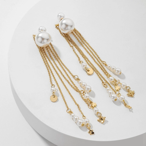 Vintage Gold Tassel Dangle Earrings With 925 Sterling Silver Earring Post White Imitation Pearl Clover Star Charms For Women Fashion Jewelry