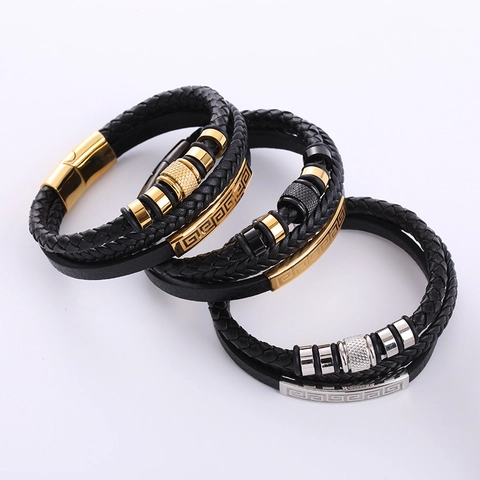 Bracciale Multistrato In Pelle Intrecciata Da Uomo Con Meandro In Acciaio Inossidabile 304 Chiusura Magnetica Punk Vintage