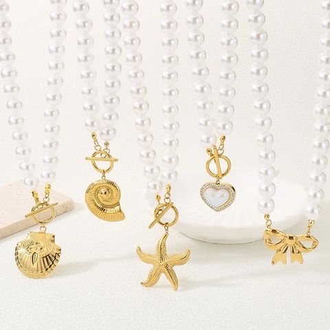 Künstliche Perlenkette Mit Edelstahl Muschel Seestern Herz Bogen Anhänger T Bar Knebelverschluss Eleganter Schmuck Für Damen