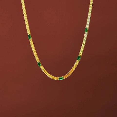 Snake Chain Necklace With Emerald Green Rectangular Zircon Stainless Steel Gold Plated Elegant Jewelry For Women
