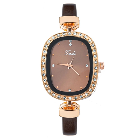 Fashion Women's Oval Rhinestone Quartz Watch With Faux Leather Strap Elegant Ladies Wristwatch For Daily Use