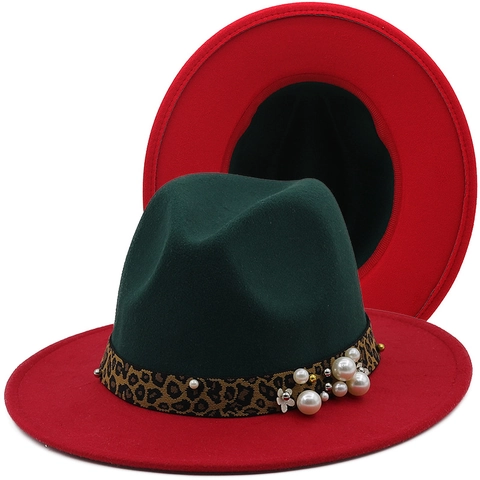 Cappello Fedora Bicolore Feltro Di Lana Tesa Larga Jazz Cap Con Fascia Leopardata Decorazione Perla Artificial Fiore Uomo Donna