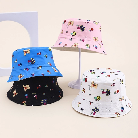 Kids Cartoon Mushroom Flower Animal Print Bucket Hat Sun Protection Outdoor Polyester Sun Hat For Boys Girls