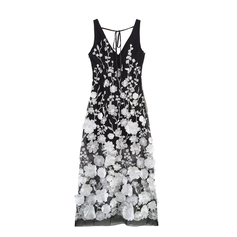Sexy Maxi Jurk Met Diepe V-Hals Camisole Polyester Mesh Met 3D Bloemig Borduurwerk Vetersluiting Achter Hoge Taille Elegant Dames