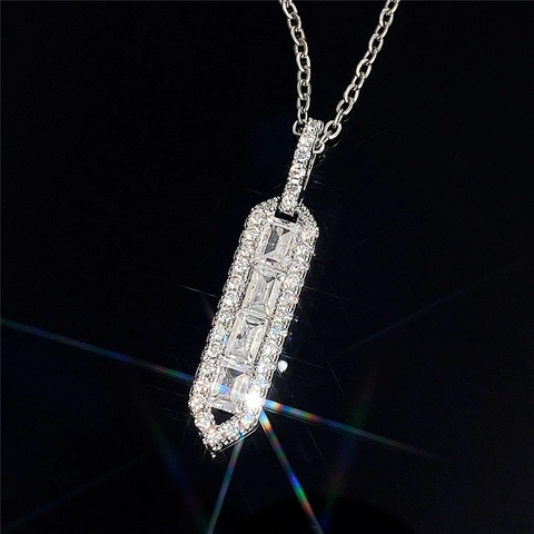 Geometric Rectangular Bar Pendant Necklace Copper With Baguette And Round Zirconia Minimalist Luxury Accessory For Women