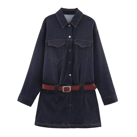 Donkerblauwe Denim Shirtjurk Mini Met Lange Mouwen Rode Riem Reverskraag Zakken Casual Mode Voor Dames
