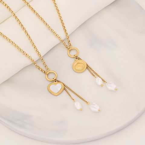 Collar Con Colgante De Corazón Y Concha De Acero Inoxidable Perla Barroca Artificial Chapado En Oro 18K Joyas Para Mujer