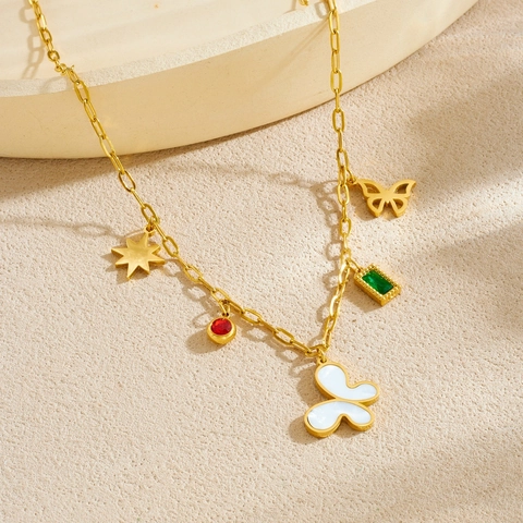 Stainless Steel Gold Plated Necklace Mother Of Artificial Pearl Butterfly Star Colorful Gemstone Fashion Korean Jewelry For Women