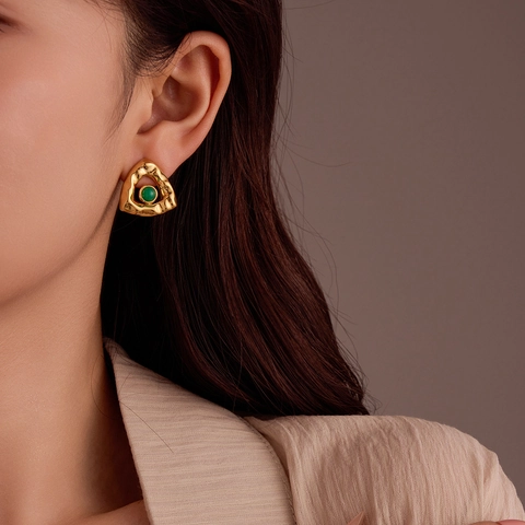 Triangular Stud Earrings Stainless Steel With Natural Stone Inlay Hammered Texture Vintage Gold Plated Jewelry For Women
