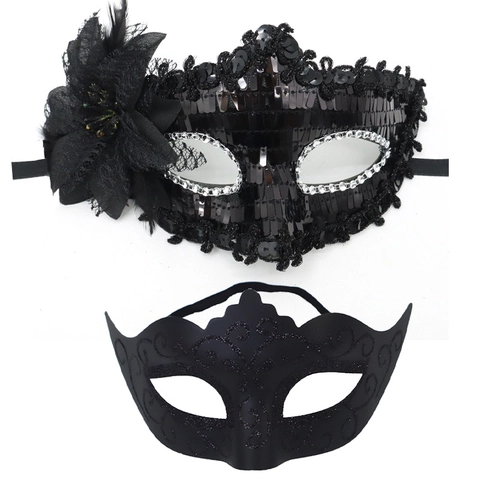 Vintage Gemaskerd Bal Masker Set Voor Koppels Valentijnsdag Feest Performance Lovertjes Veer Masker Met Strass Geschilderd Half Gezichtsmasker