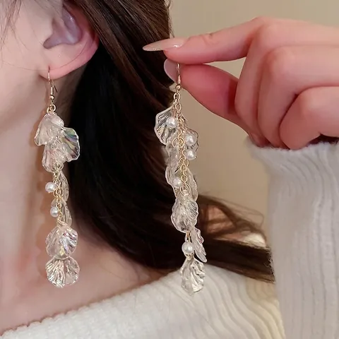 Orecchini Lunghi A Nappa Con Petali Iridescenti E Künstliche Perle Artificiali Gancio Dorato Da Donna