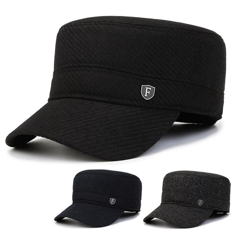 Berretto Cadet Invernale Da Uomo Misto Lana Caldo Spesso Cappello Piatto Con Paraorecchie Distintivo In Metallo Esterno Regolabile
