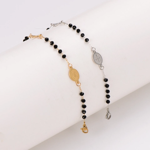 Rosary Bracelet 304 Stainless Steel Black Beads St Benedict Medal Cross Charm Religious Jewelry For Men Women