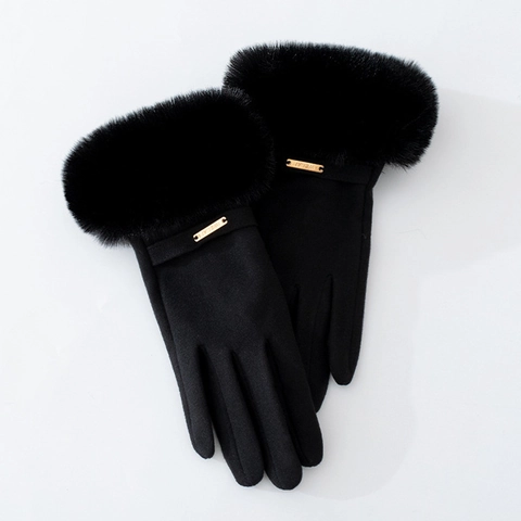 Women Winter Warm Gloves Thermal Fleece Faux Fur Trim Touchscreen Windproof Faux Suede Thick Outdoor Cycling