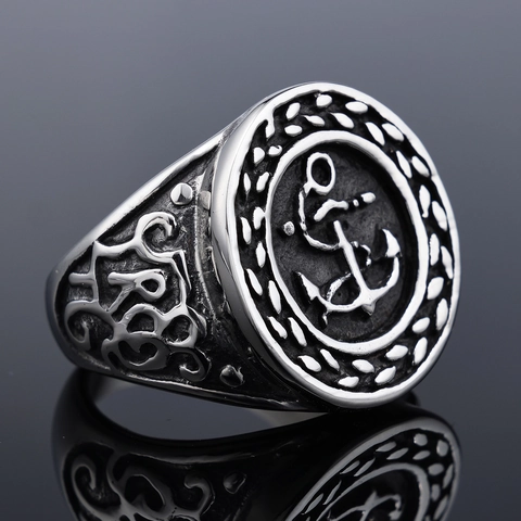 Anillo De Sello De Ancla Vintage Acero Inoxidable Hombres Náutico Marinero Estilo Punk Rock Joyería Retro Pulida