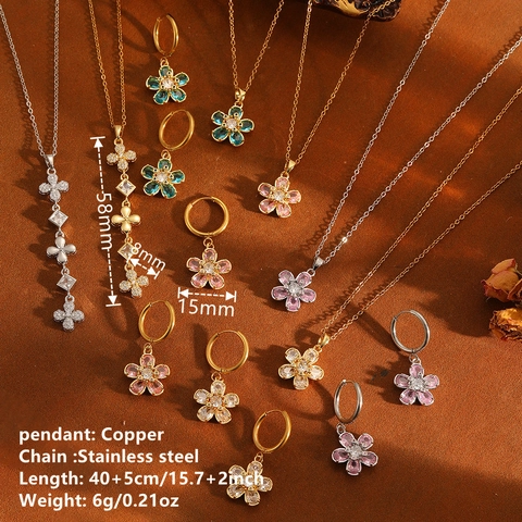 Collier Et Boucles D'Oreilles Pendentif Fleur Douce Acier Inoxydable Cuivre Zircone Cubique Bijoux Pour Femmes