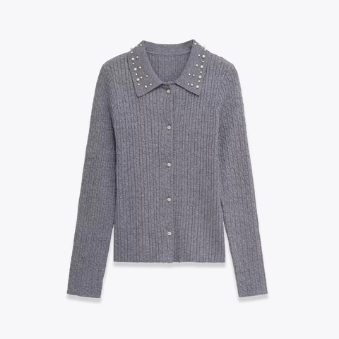 Damen Strickjacke Grau Zopfmuster Künstliche Perlenkragen Strassknöpfe Elegant Langarm Weich