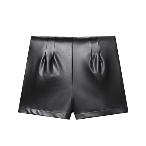 High Waisted Faux Leather Shorts For Women Black Solid PU Pleated Slim Fit Fashion Streetwear