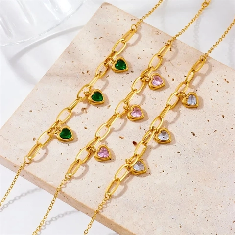 Pulsera de Cadena de Acero Inoxidable Chapada en Oro Vintage Con Colgante de Corazón de Strass para Mujer Joyería de Moda