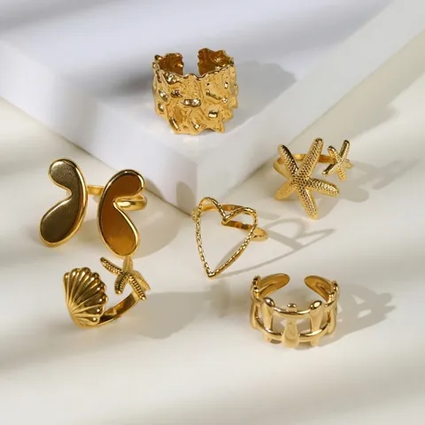 Anillos De Acero Inoxidable Chapados En Oro Ajustables Estrella De Mer Concha Mariposa Corazón Textura Lava Joyas Retro Mujer